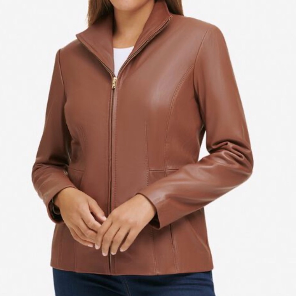Kenneth Cole Tan Faux Leather Jacket - Women's Wing Collar Leather Jacket